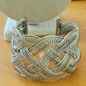 Vintage Silver Tone Woven Wire Cuff Bracelet Celtic Braided Openwork Wide